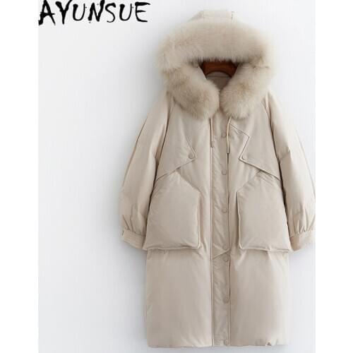AYUNSUE Womens Jacket Winter Natural Fox Fur Collar Hooded Parkas Woman White Duck Down Jackets Female Coats Ropa Mujer TN263