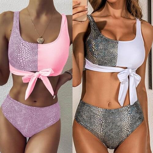 High Waist Bikinis Sexy Women' Snake Print Swimsuit Swimwear High Cut Bikini Set Patchwork Biquini Belted Beachwear Two Pieces