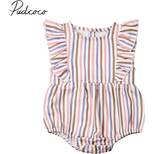 2019 Baby Summer Clothing Cute Infant Baby Girl Clothes Colorful Striped Jumpsuit Ruffles Sleeveless Rainbow Bodysuit Outfits
