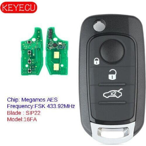 KEYECU Remote Key Fob 3B 433.92MHz ID48 Chip for Fiat 500X Egea Tipo 2016-2018 Megamos AES 16FA