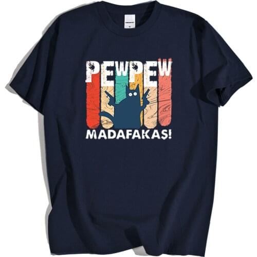 Pew Pew Madafakas Black Cat Print Tshirts Men Vintage Loose Menswear Summer Breathable Loose Loose O-Neck Mens Shirts Fashion
