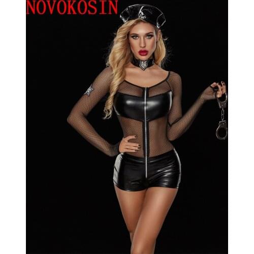4 Pieces Policewomen Cosplay Costume Faux Leather Sexy Fit Net Transparent Long Sleeve Bodysuit Police Women Instructor Uniform