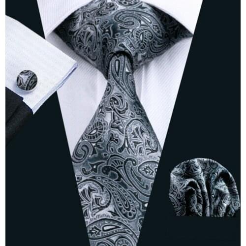 2016 Hot Wedding Tie Hanky Cufflinks Set Black Paisley Pattern 100% Handmade Silk Ties for Mens Business Party Necktie LS-209