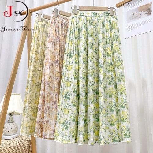Fashion Women Summer Midi Skirt 2021 Spring Ladies Floral Print Chiffon High Waist Elegant Sweet Casual Skirts Faldas Saias