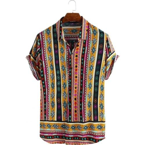 2021 New Summer Beach Shirt Geometric Pattern Buttons Men Lapel Short Sleeve Shirt for Party