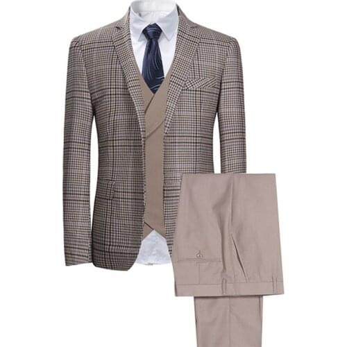 Mens Plaid Suit Khaki Three-Piece Lapel Suit Slim Fit Business Casual For Groom Best Man Wedding Banquet Suit Male 2021