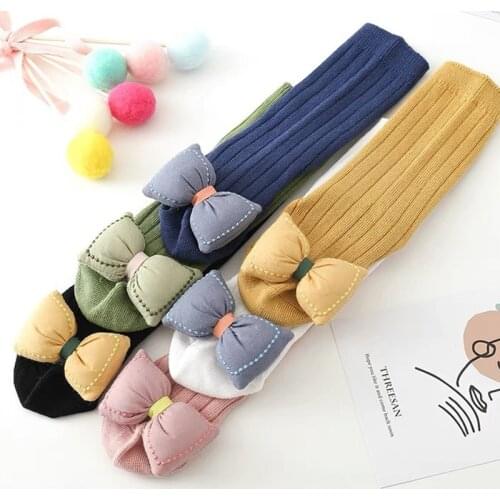 5 Pairs/lot Baby Girl Socks Solid Children Socks Bows Cotton Baby Girls Socks Long Socks For Kids Princess Knee High Socks