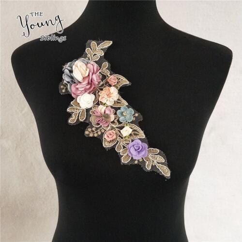Rose Floral With Rhinestone Applique Bridal Gown Lace Embroidery Patches DIY Lace Collar Neckline Decorate Sewing Craft Supplies