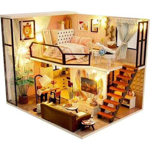 Pink DIY Dollhouse Lovers Princess House Loft Kit Assembled Miniature Furniture Casa Doll House Toys for Children Adult Gifts