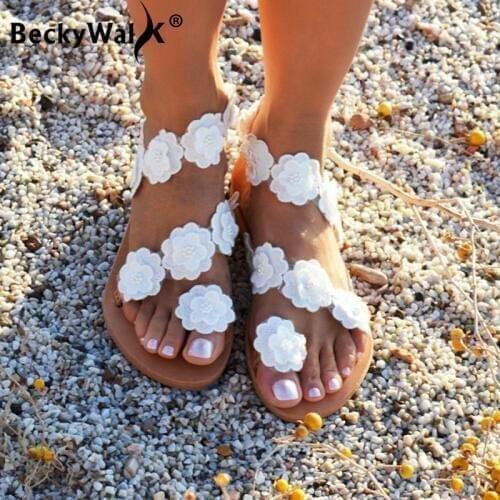 2021 New Summer Ladies Shoes Women Sandals White Flowers Flat Sandals Women Bohemian Casual Beach Shoes for Woman 42 43 WSH3390