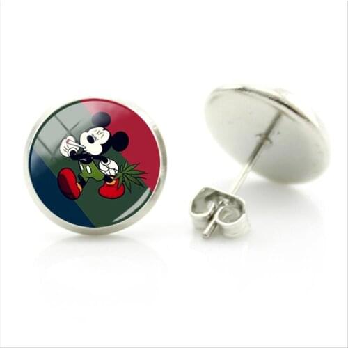 Disney Fashion Minnie Mickey Pendant Earrings Handicraft Fashion Art Earrings Round Glass Cabochon Cute Jewelry