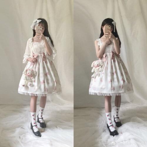 Japanese Sweet Jsk Lolita Dress Women White Strawberry Kawaii Sleeveless Bowknot Princess Tea Party Dresses