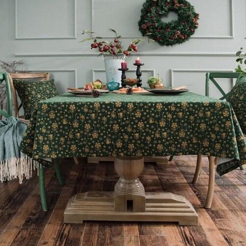 Green Gold Christmas Tree Table Cloth Cover Cotton Linen American Style Tablecloth for Festival Home Outdoor Party Event Decor