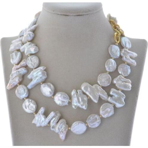 Z11007 Natural 33" 30mm Baroque White Reborn Coin Keshi Pearl Necklace