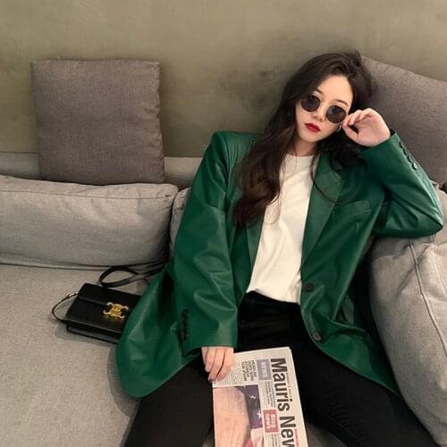 Green Faux PU Leather Jacket Blazers Spring Autumn 2021 Fashion Notched Collar Single Button Long Sleeve Loose Casual Streetwear
