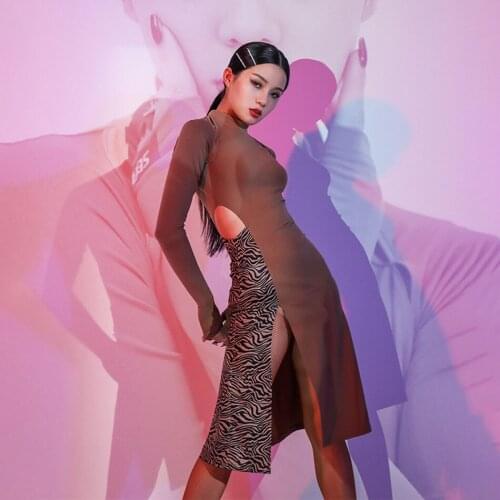 2020 New L9687 Leopard Patchwork Long Sleeve Latin Dance Dress Women Performance Costume Latin Ballroom Dresses Dancewear