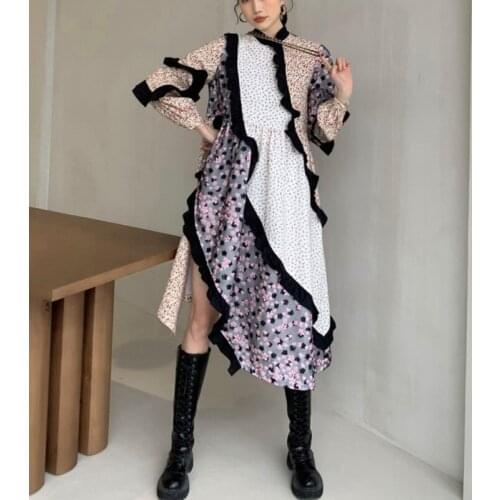 2021 New Spring Autumn Dress Women Long Sleeve Plus Size Patchwork Printed Flower Dresses Ladies Party Clothes X332