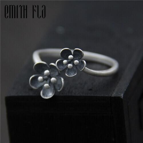 Genuine 925 Sterling Silver Female Vintage Simple Open Rings Flowers Design Fashion Jewelry For Women Opening Adjustable Ring