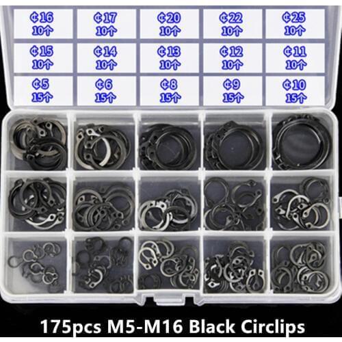175pcs/set M5-M16 Black Internal Shaft Circlips Retaining Ring Assortment Kit washers with box