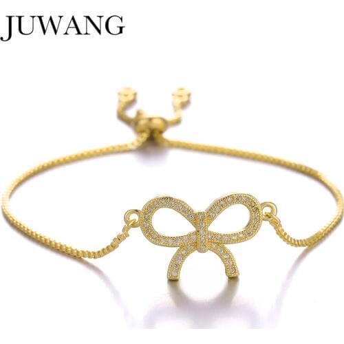 JUWANG Bow Sparkling Charm Bracelets Bangles for Woman Clear AAA CZ Cute Adjust Chain Bracelet Fashion Jewelry Gift