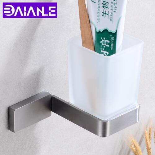 Cup Tumbler Holders Stainless Steel Bathroom Toothbrush Holder Set Wall Mounted Tooth Brush Glass Cup Toothpaste Rack Classic