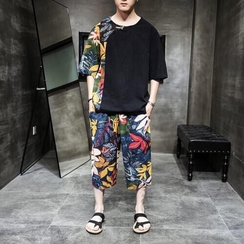 2019 Summer Mens Cotton and Linen Set Stitching T-shirt Short-sleeved Men Plus Fat Large Size Loose Beach Pants