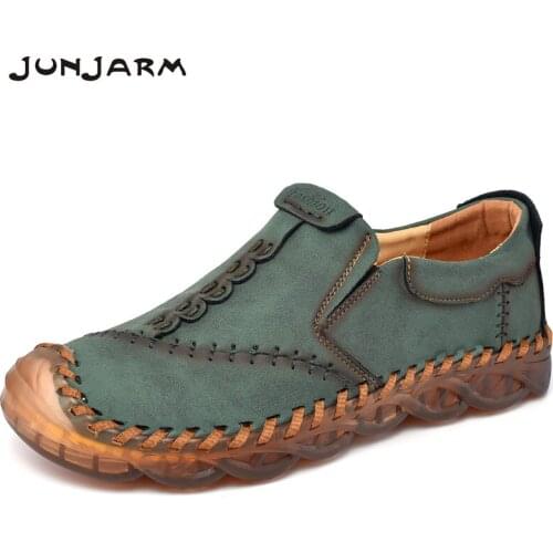JUNJARM New Mens Casual Split Leather Shoes Fashion Soft Comfortable Handmade Shoes Cassic Slip-On Flat Loafers Plus Size 38-46