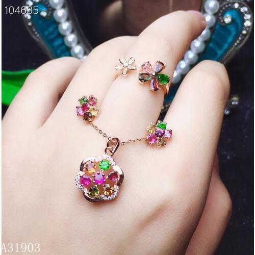KJJEAXCMY boutique jewelry 925 sterling silver inlaid natural tourmaline gemstone female ring pendant earrings 3 sets support de