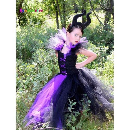 Maleficent Evil Queen Tutu Dress with Horns Girls Tutu Dress Halloween Party Purim Cosplay Children Costume Photo Props TS127
