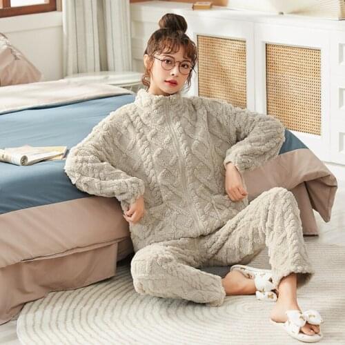 Suit womens autumn and winter new thickened warm coral fleece zipper pajamas home service suit