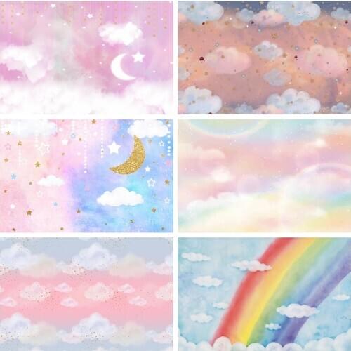 Laeacco Baby Shower Photography Backdrops Dreamy Sky White Clouds Stars Bokeh Children Newborn Photo Backgrounds For Photo Shoot