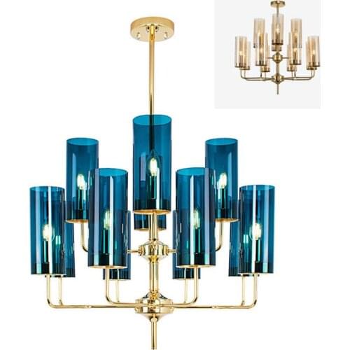 Modern Gold Blue Glass shape chandelier lighting living room bedroom dining room bar Led indoor decorationlight fixtures