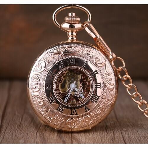 5pcs Fashion Rose Golden Mechanical Pocket Watch single open With Metal Chain Skeleton Steampunk Watch Roman Unisex