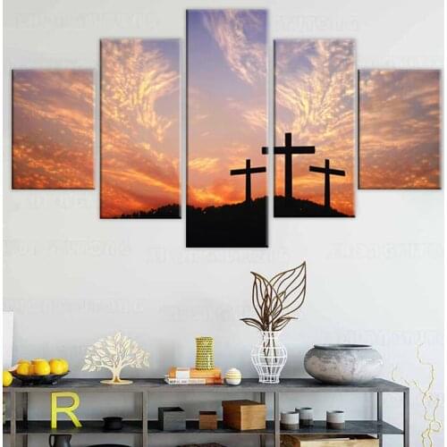 Painting Modular Picture 5 Pieces/Pcs Christian Cross Sunset Canvas Wall Art Home Decoration For Living Room Modern Printing