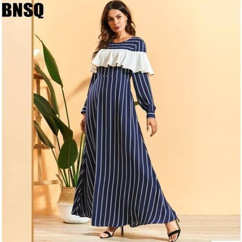 Muslim Striped Abaya Pleated Maxi Dress Bohemian Hijab Cardigan Kimono Robe Gowns Eid Ramadan Islamic Vestidos Verano Mujer