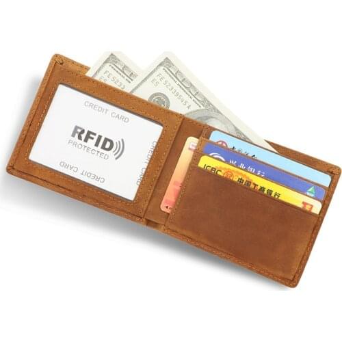 Mens Ultra-thin Minimalism Genuine Leather Wallet Business Card Holder RFID Anti Theft Wallet Crazy Horse Skin High Quality