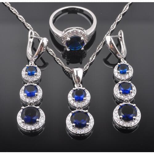 2020 New Wedding Jewelry Blue Zirconia For Women Silver Color Jewelry Sets Necklace Pendant Earrings Ring QZ0492