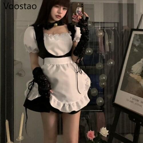 Japanese Sweet Lolita Maid Dress Cosplay Women Sexy Cute Ruffles Puff Sleeve Slim Dress Cat Girly Kawaii Apron Party Dresses