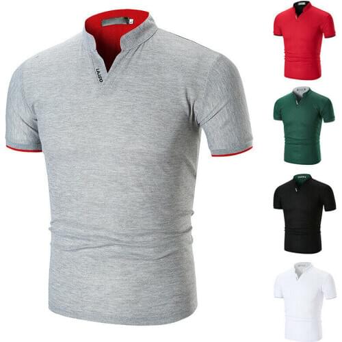 Hot Mens Shirt Solid Cotton Slim Fit Short Sleeve V-Neck Casual Summer Top Muscle Casual Male Summer Fashion Shirt Basic Tee
