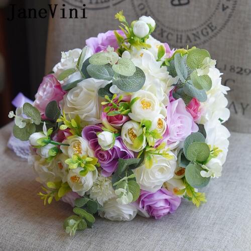 JaneVini Light Purple Wedding Bouquets For Brides Bridesmaid Ramo Novia Artificial Roses Flowers Weddings Hand Lace Brooch 2018