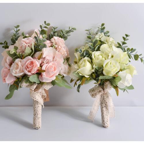 Wedding Flowers Bridal Bouquets White Pink Polyester Silk Rose Artificial Bridesmaid Flower Bouquet Wedding Accessories Decor