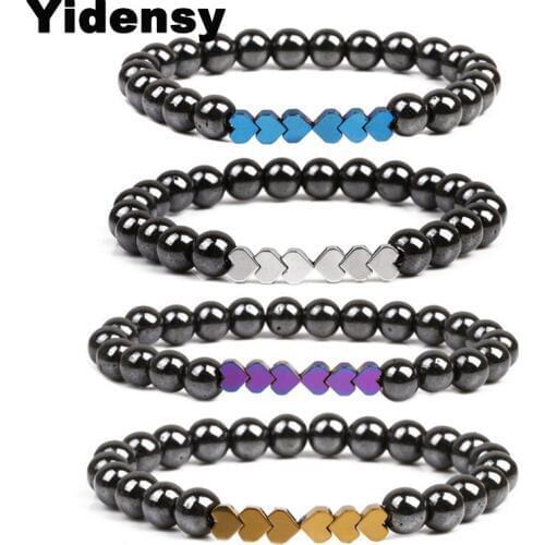 Yidensy Fashion Heart Charms Bracelet Black Hematite Beads Strand Bracelet Bangle for Women Men Friendship Healthing Jewelry