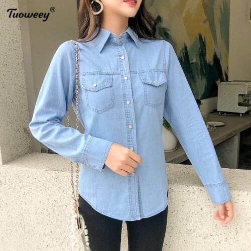 2021 autumn spring style Female Denim Shirts Feminina Women Casual Cotton Jean Blouse Womens Tops Turn-Down Pockets Light Blue