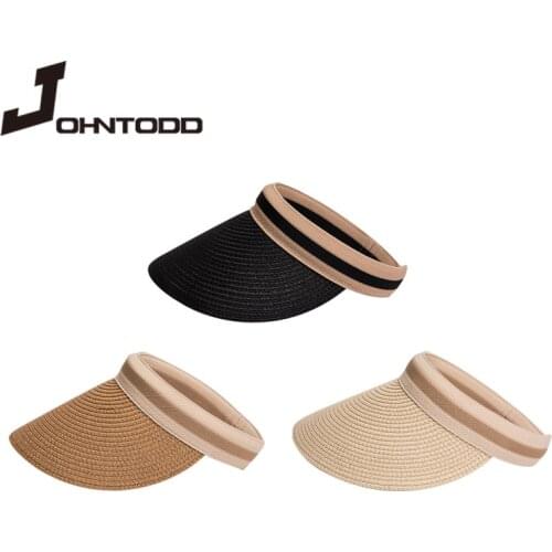 2021 Fashion Spring Summer Lady Solid Color Empty Top Sun Visor Hat Summer Straw Wide Brim Sun Caps UV Protection Hat Woman Man