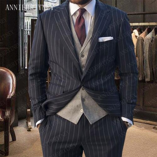 ANNIEBRITNEY Men Suits for Wedding Fashion Stripes Printed Tuxedo Man Suit Slim Fit Custom Made Groom Suits Casual Suit for Men