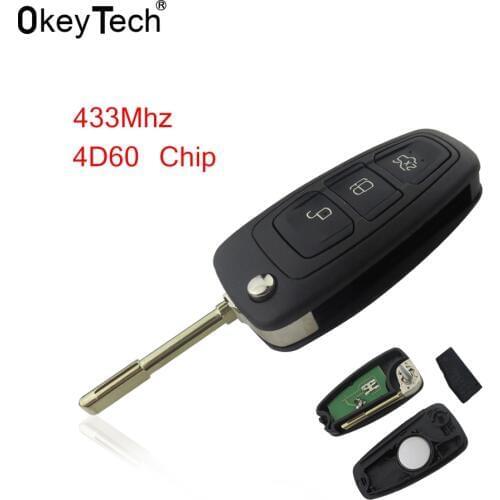 OkeyTech 4D60 Chip Car Remote Key Flip Folding Suit For Ford Focus Mk1 Mondeo Transit Connect Uncut FO21 Blade 3 Button 433Mhz