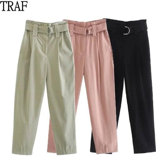 TRAF Za Women Pants 2021 Fashion Belt High Waist Womens Wide Leg Trousers Woman Vintage Zipper Fly Pocket Female Ankle Trousers