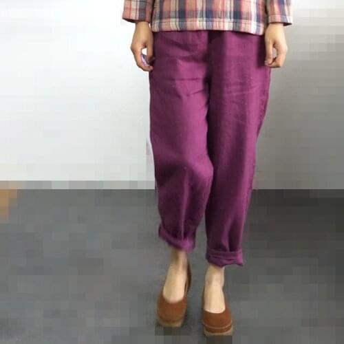 Women Loose Elastic Waist Linen Pants Ladies Vintage SOlid Color Patchwork Flax Trousers Female 2021 Spring Summer Pants