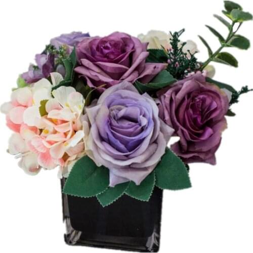 Nordic Style Living Room Black Flower Creative Silk Home Hydrangea Artificial Flower Glass Vase Ornament Artificial Flower Set