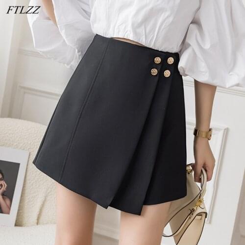 FTLZZ 2021 New Spring Summer Women High Waist Ruffles Shorts Streetwear Solid Color Button Wide Leg Loose Black Shorts